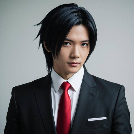 Young man in black suit with red tie