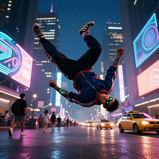 Masked Breakdancer Superhero Soaring Above Neon City