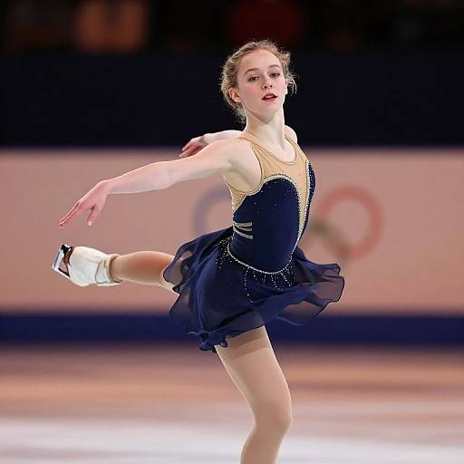 Photograph of a young female figure skater in a navy blue, sleeveless, beaded dress, mid-jump, with white skates,