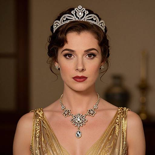 Photograph of a fair-skinned woman with dark brown hair in an updo, wearing a glittering tiara, gold sequined dress, and
