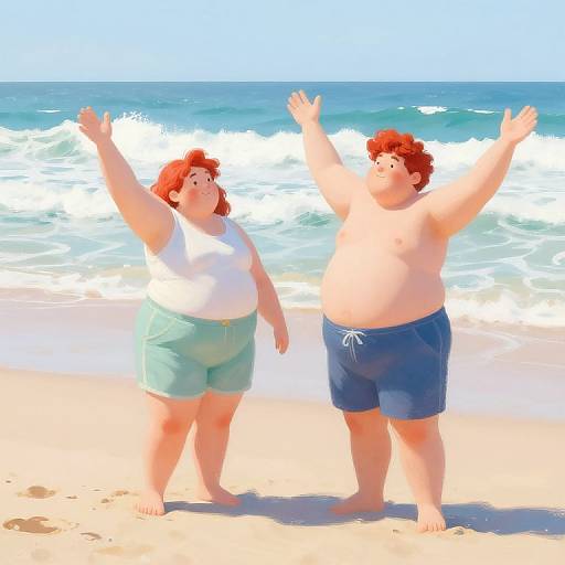 Digital illustration of two overweight, red-haired people with raised arms, standing on a sunny beach with blue ocean waves in background, one in green shorts and