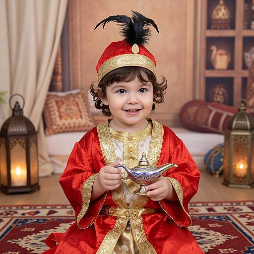 Photograph of a smiling young boy with curly brown hair, wearing a red and gold Middle Eastern costume with a black feathered hat, holding a silver