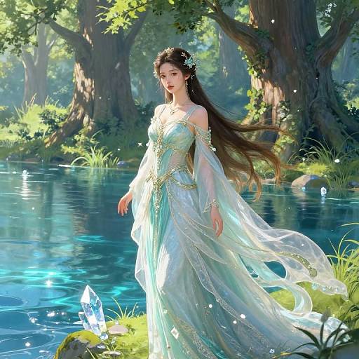 Digital art of a beautiful, ethereal woman in a flowing, translucent, light blue gown, standing by a shimmering forest pond, with glowing fairy