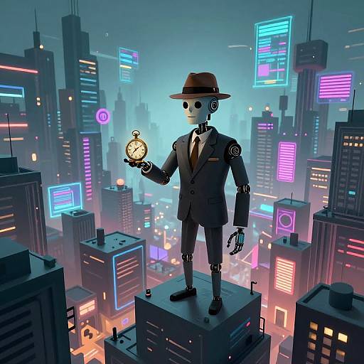 Digital artwork of a robot in a fedora and suit standing on a city building, holding a pocket watch, amidst neon-lit skyscrapers.