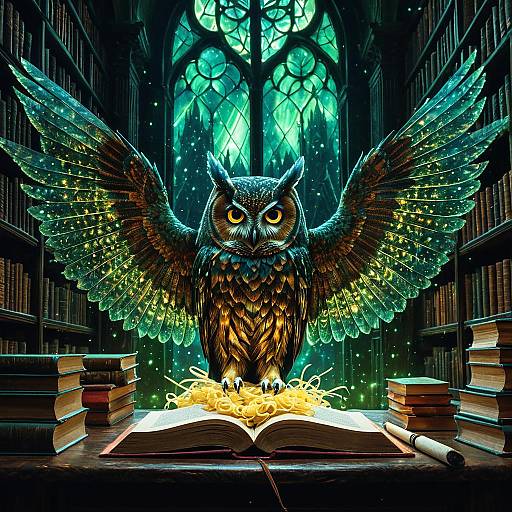 Crystalline Owl in Ancient Library