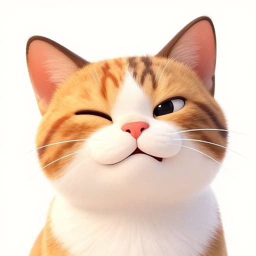 Digital illustration of a cute, orange-and-white tabby cat with one winking eye, pink nose, and smiling expression against a white background.