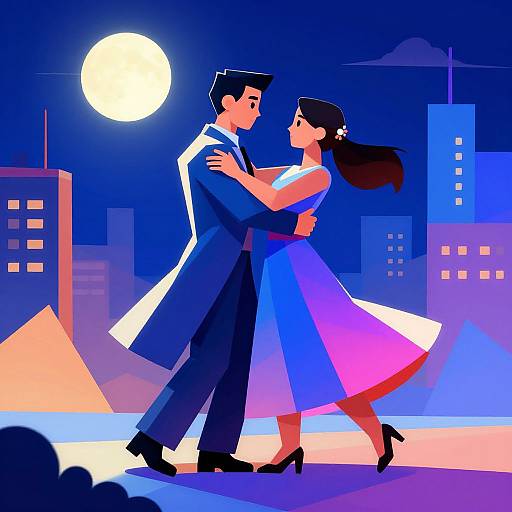 3D Cubism Couple Dancing Under Moonlight