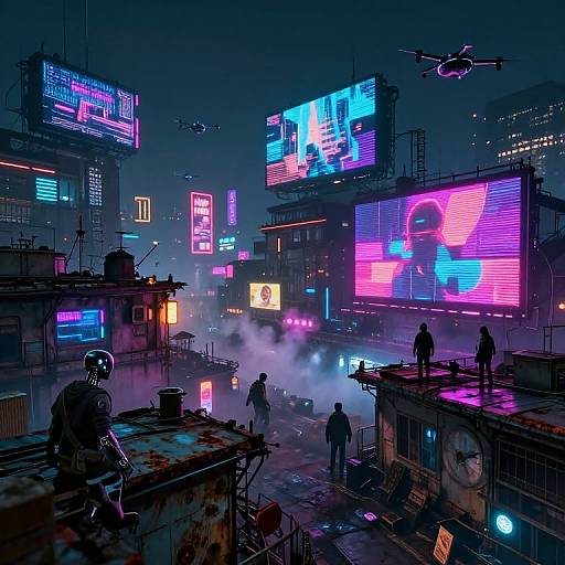 Neon-lit cyberpunk cityscape at night, featuring glowing billboards, flying drones, and silhouetted figures on rooftop structures amidst mist