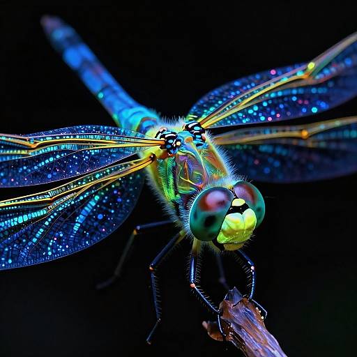 Close-up photograph of a vibrant, iridescent dragonfly with blue and green wings, glowing red eyes, and detailed wing veins against a black background
