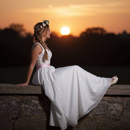 Photograph of a blonde woman in a white wedding dress and flower crown, sitting on a stone wall, gazing at a vibrant orange sunset.