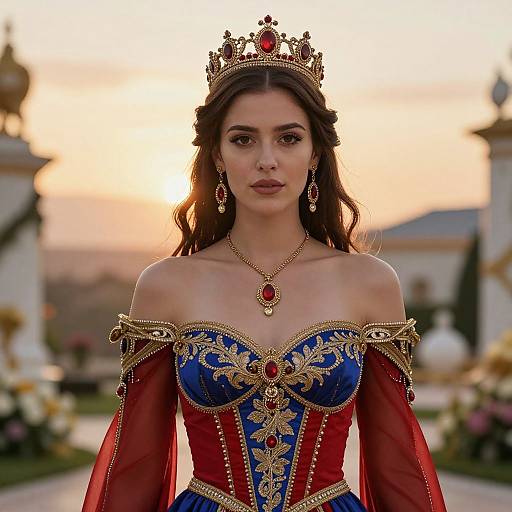Photograph of a beautiful woman with long brown hair, wearing an ornate red and blue corset dress, gold crown, and red gemstone necklace