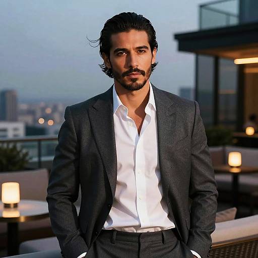 Photograph of a handsome, dark-haired man with a beard, wearing a dark suit and white shirt, standing on a rooftop at dusk with a city