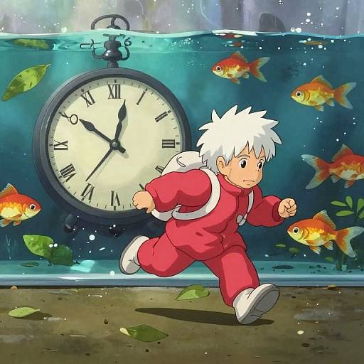 Anime-style illustration of a white-haired boy in a red jumpsuit, running underwater with goldfish, clock, and a stopwatch in the background.
