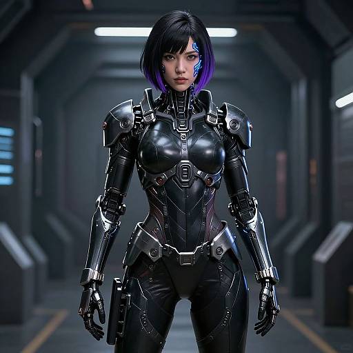 CGI image of a serious, futuristic woman with black bob haircut and purple tips, wearing a sleek, black, high-tech armored suit, standing in