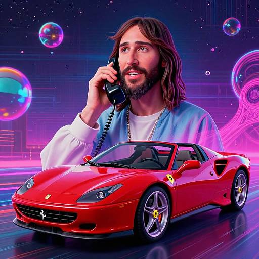 Digital artwork of a bearded, long-haired man with a blue shirt, talking on a phone, in front of a vibrant, neon-lit red