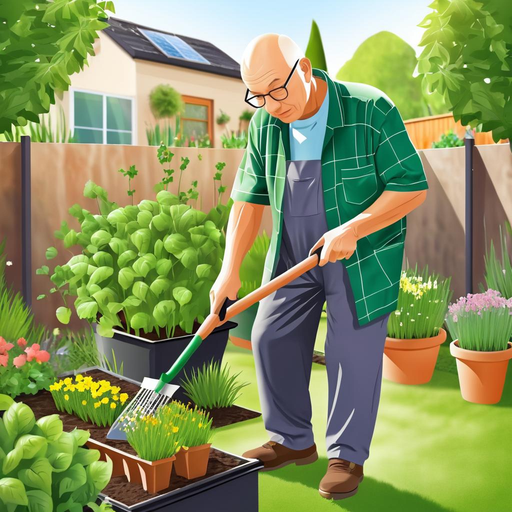 Elderly Gardener Enjoys Backyard in 2032