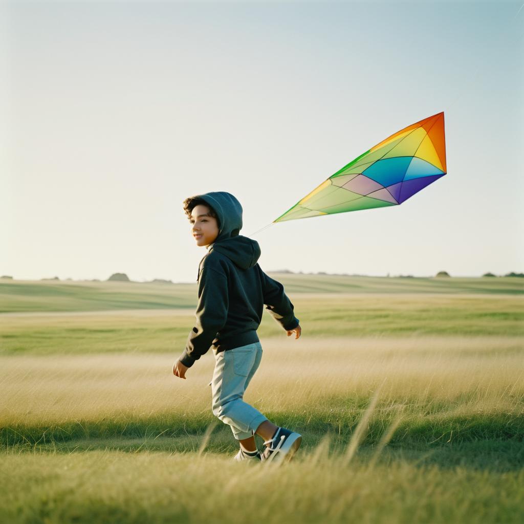 Joyful Child Flying Kite in Field