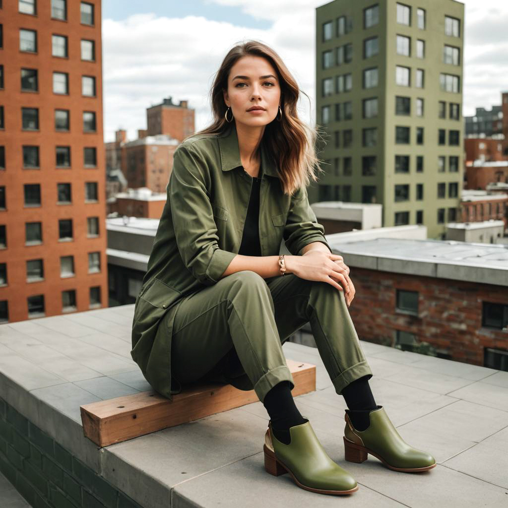 Chic Model in Stylish Olive Green Clogs