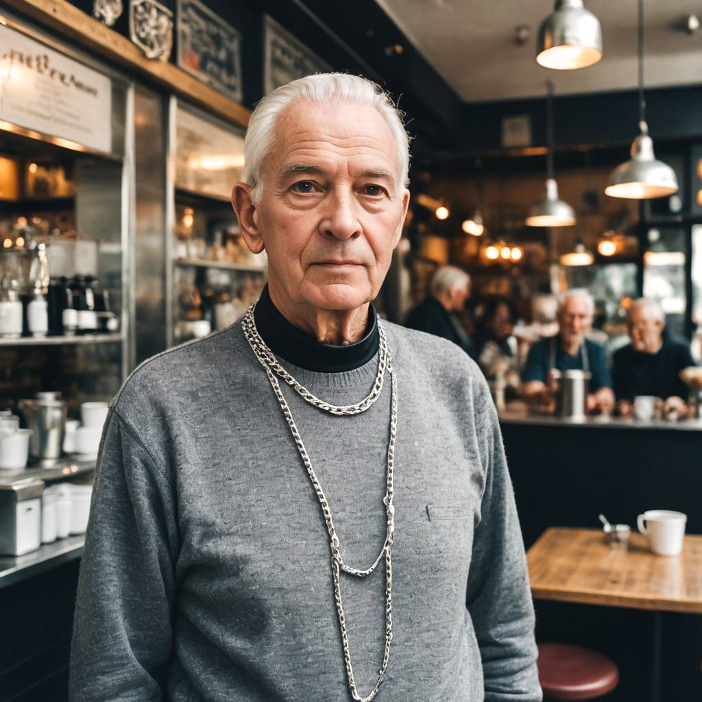 Elderly Man in Urban Cafe with Choker