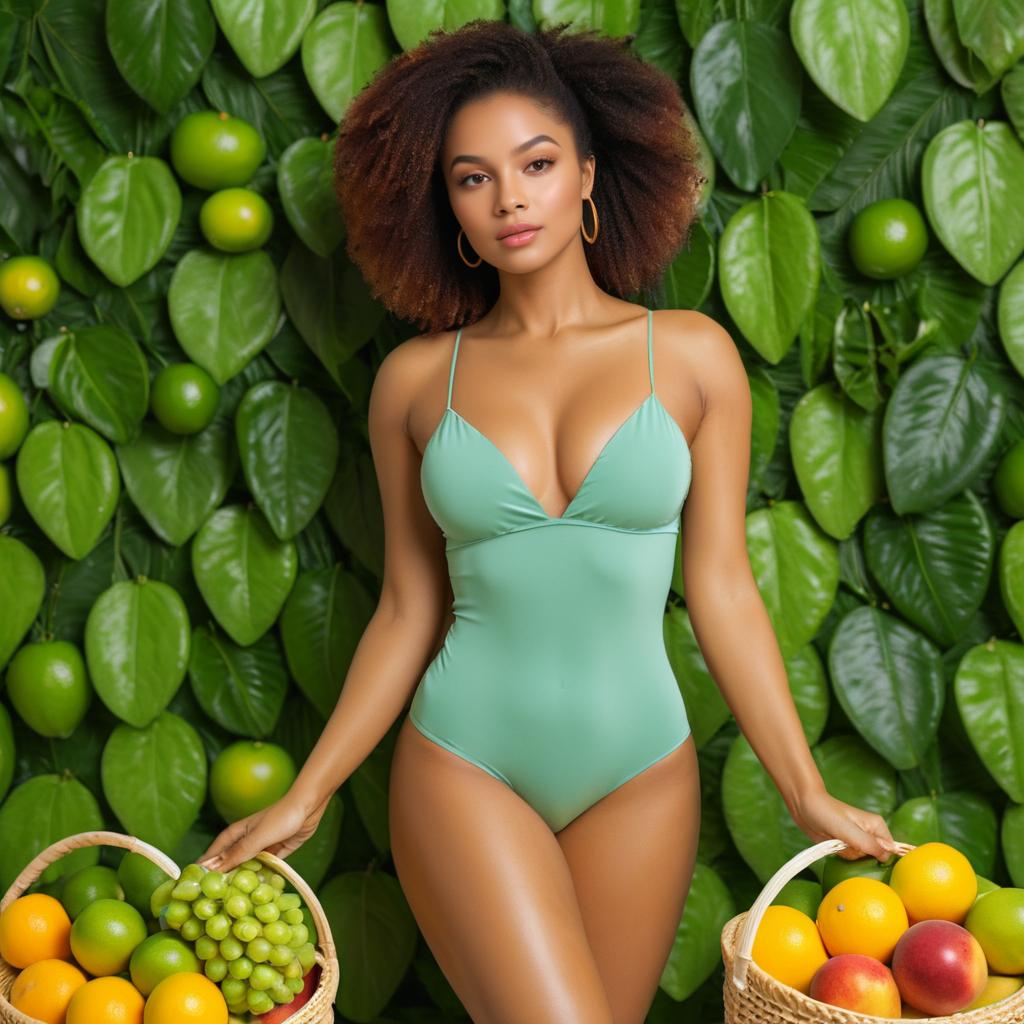 Confident Woman Covered in Fruits