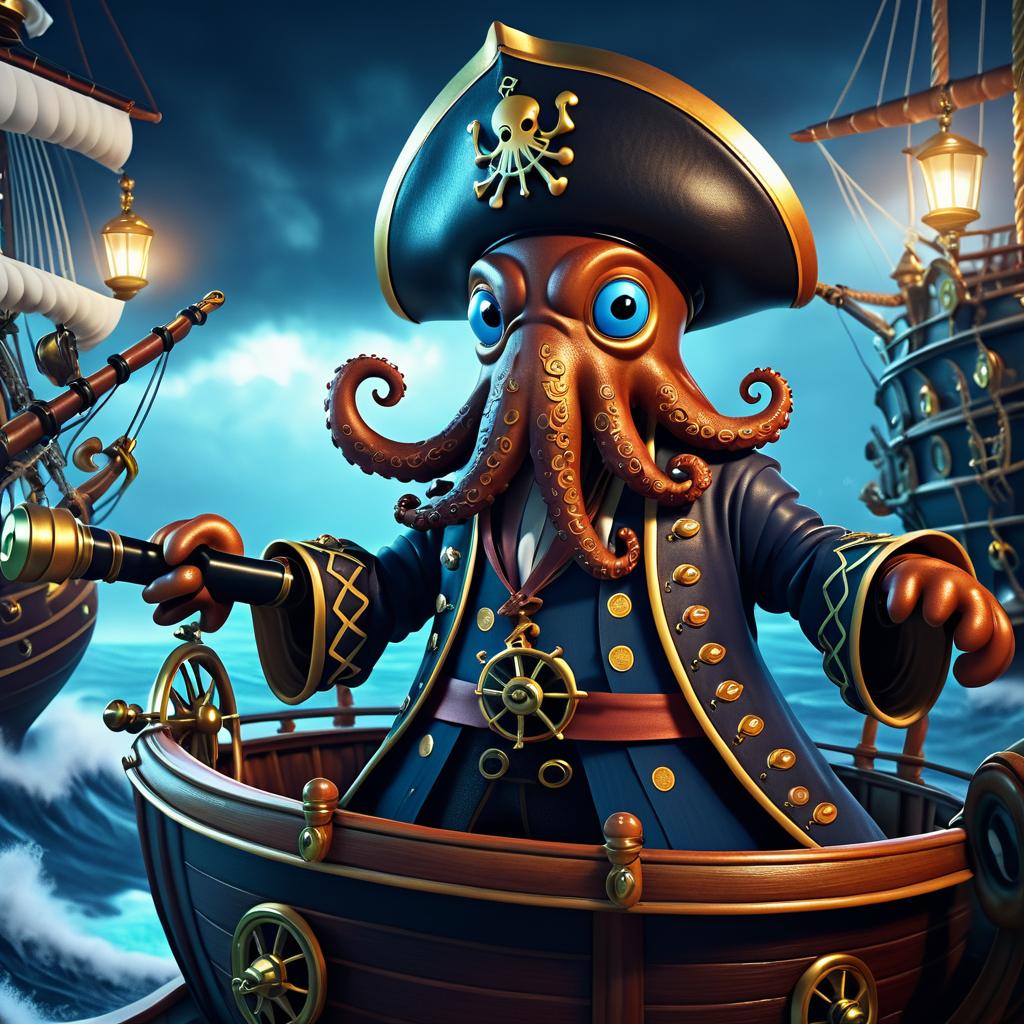 Pirate Octopus Steering a Ship