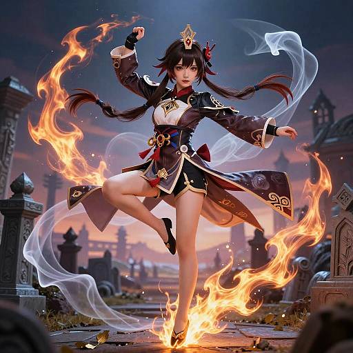 Digital artwork of an anime-style warrior woman with black hair, wearing a dark, ornate outfit, surrounded by fire and ethereal smoke, mid-k