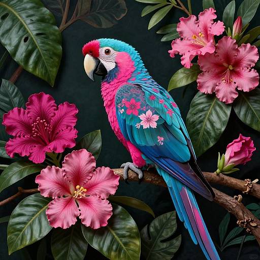 Digital artwork of a vibrant blue and pink macaw perched on a branch surrounded by pink hibiscus flowers and dark green leaves.