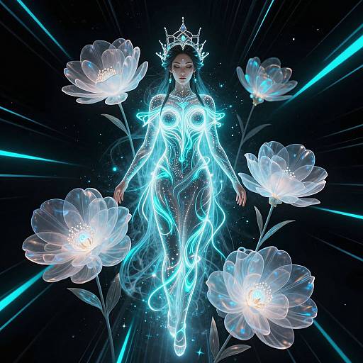 Digital art of a glowing, ethereal woman with neon blue patterns, crowned with a star, surrounded by large, luminous white flowers against a black