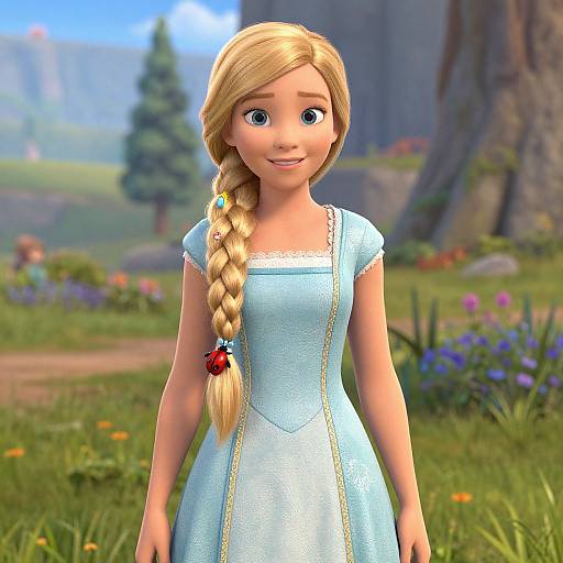 CGI image of Frozen's Anna with blonde braid, blue dress, standing in a colorful, sunny meadow with trees and flowers.