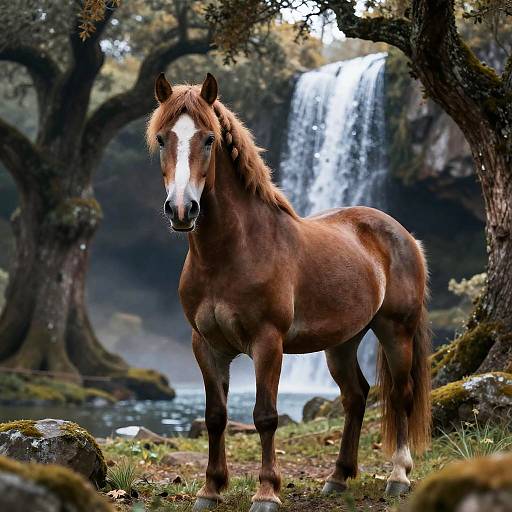 Chestnut Horse in Forest with Waterfall