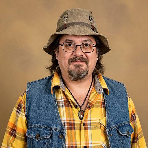 Photograph of a middle-aged man with glasses, brown bucket hat, yellow plaid shirt, blue denim vest, black necklace, and beard, against