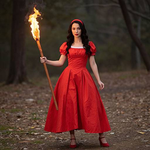 Photograph of a woman in a red, Victorian-style dress holding a torch, standing in a dark forest, evoking Little Red Riding Hood.