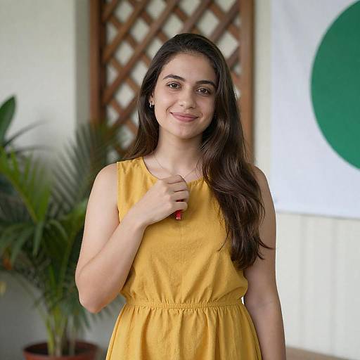 Smiling Woman in Mustard Dress Surrounded by Nature