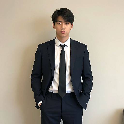 Photograph of an Asian man with short black hair, wearing a black suit, white shirt, and black tie, standing against a plain white background with