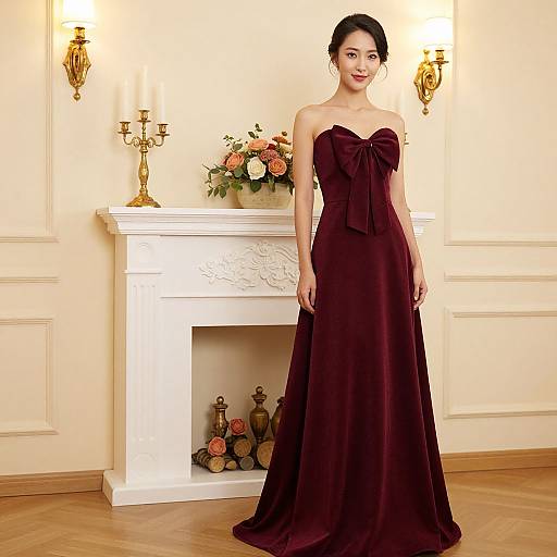 Photograph of an Asian woman in a strapless, deep burgundy, velvet evening gown with a large bow, standing in a softly lit, elegant