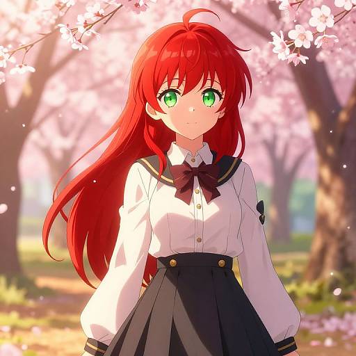 Red-Haired Anime Girl in Cherry Blossoms