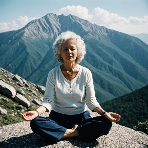 Elderly Woman Meditating on Mountain Top