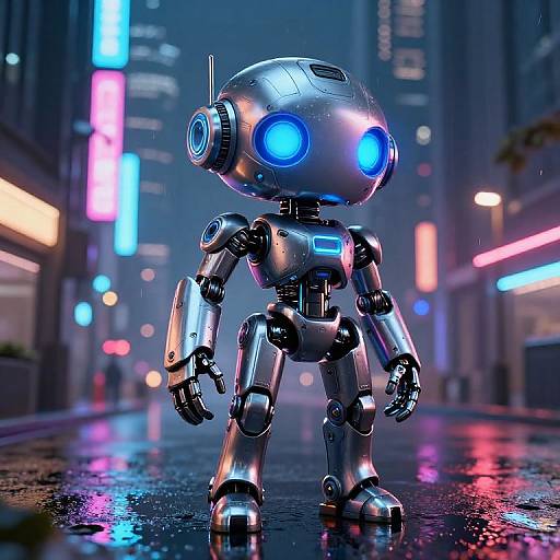 CGI image of a shiny, blue-lit, humanoid robot standing on a wet, neon-lit urban street at night, with blurred city lights