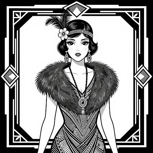 Black and white Art Deco illustration of a stylish woman with a feathered headpiece, fur collar, and geometric-patterned dress.