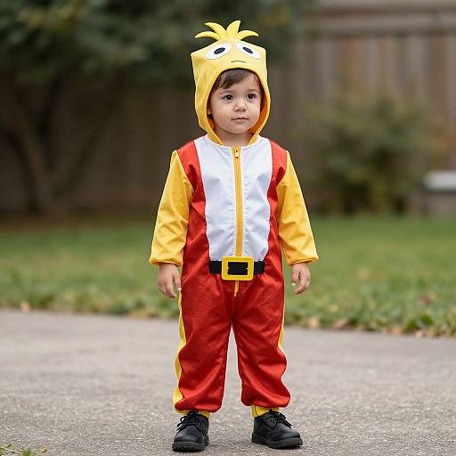 Photograph of a young Asian boy in a yellow and red chicken costume with a hood, standing on a suburban street.