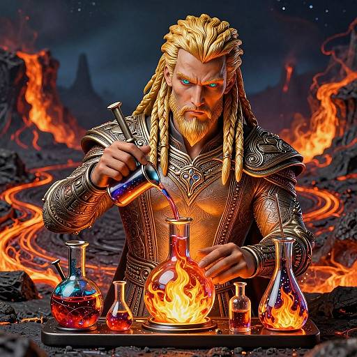 Alchemist Mixing Explosives in Volcanic Wasteland