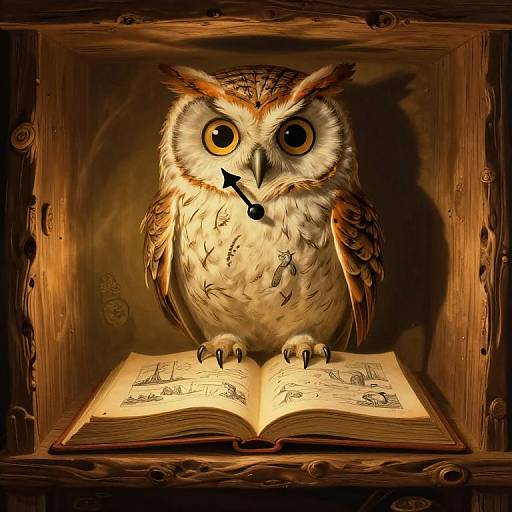 Digital illustration of a large, detailed owl with wide yellow eyes and brown feathers, sitting on an open, glowing book in a wooden frame, casting a