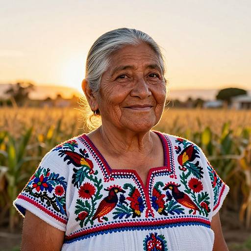 Photograph of elderly Indian woman with gray hair, wearing colorful embroidered white blouse, standing in sunset-lit cornfield, smiling warmly.