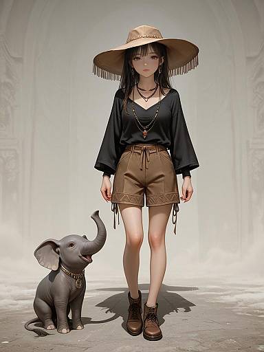 Digital artwork of an Asian woman with black hair in a wide-brimmed hat, black blouse, brown shorts, and boots, standing beside a small