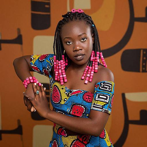 Photograph of a dark-skinned African woman with braided hair, pink bead accents, colorful off-shoulder dress, and orange abstract background.
