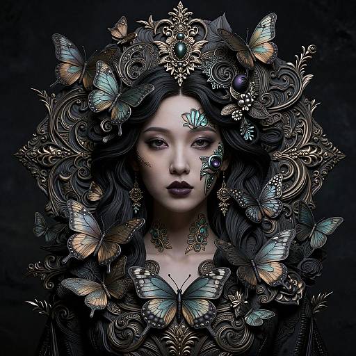 Digital artwork of a serene Asian woman with intricate black hair, surrounded by glowing blue and orange butterflies, ornate jewelry, and dark, swirling patterns against