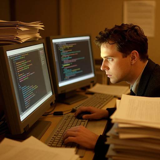 Photograph of focused young man with short dark hair, typing on dual computer monitors displaying code, surrounded by stacked papers in an office. Warm yellow lighting