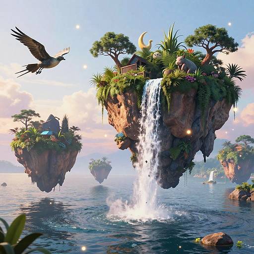 Surreal Flying Islands with Mythical Creatures
