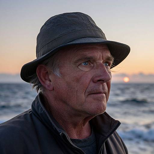 Photograph of an elderly man with weathered skin, wearing a dark green bucket hat and jacket, gazing at the sunset over a calm ocean.