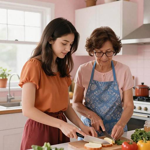 Young and Older Women Cooking Together in Kitchen